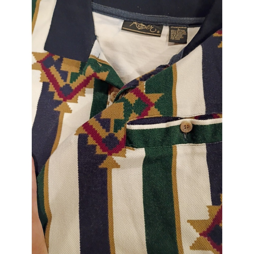 Vintage Roper Polo Mens L Navy Blue Green Stripe Southwestern Aztec Pocket Shirt